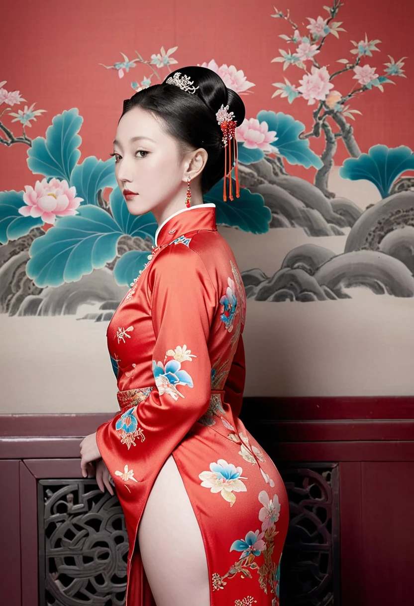 The empress of the Qing Dynasty is wearing a red floral patterned dress, posing naked with her buttocks exposed in profile in the Qing Dynasty palace.