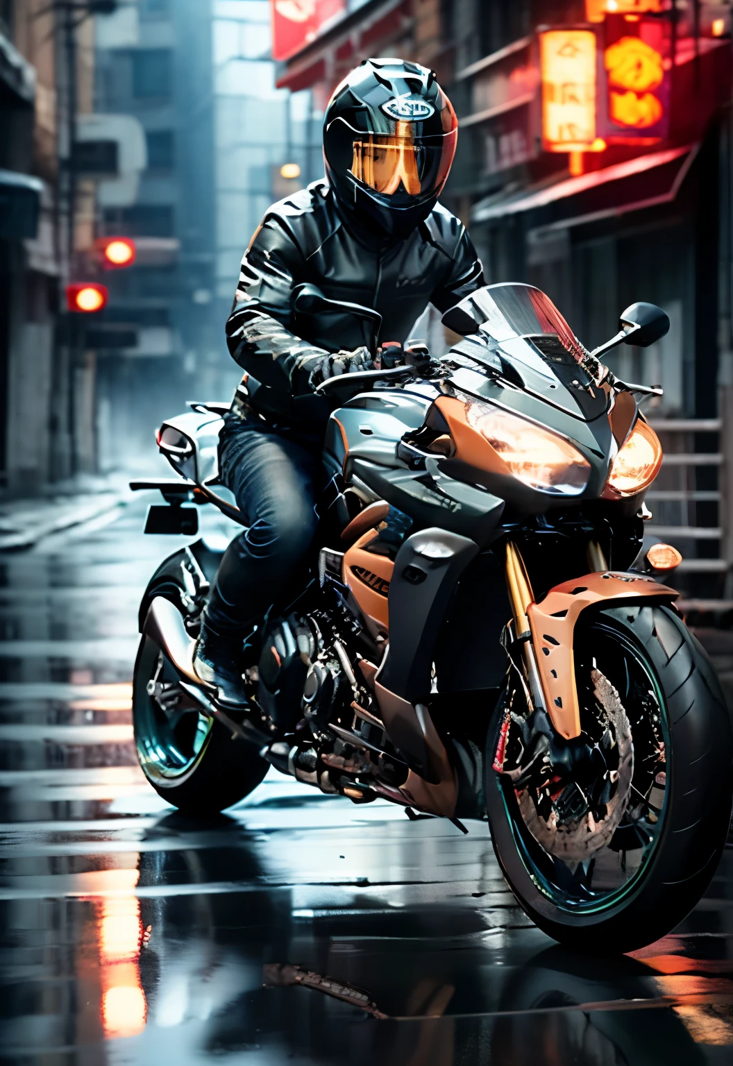 (motorcycle), On the city streets at night, 身穿黑色皮夹克的亚洲骑手驾驶着耀眼的定制哈雷戴维森motorcycle. Car lights pierce the darkness, The tire rubs against the ground, Let out a low roar. Background is neon city night scene, whole body, (photography), panoramic, The award-winning, Stills, emotion, Vignette, Dynamic, vivid, (masterpiece, best quality, professional, Perfect composition, very aesthetic, absurd, Extremely detailed, Intricate details:1.3)