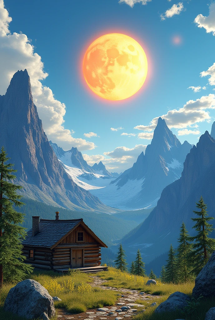 Mountains and sun with a very nice sun and a cabin