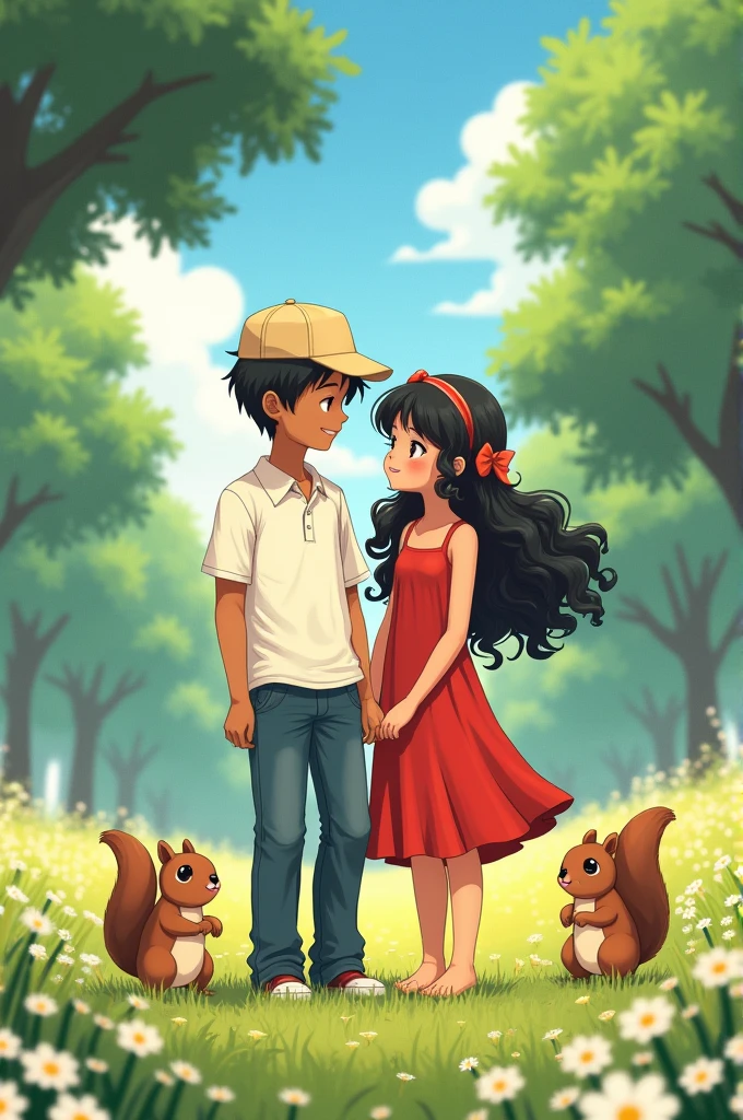 An anime type couple ,in a field surrounded by nature with flowers and trees with two squirrels at his side, the girl smaller than the boy,The girl with long curly hair, dark skin and a round face, with a red dress and he with a white shirt ,a beige cap and jeans