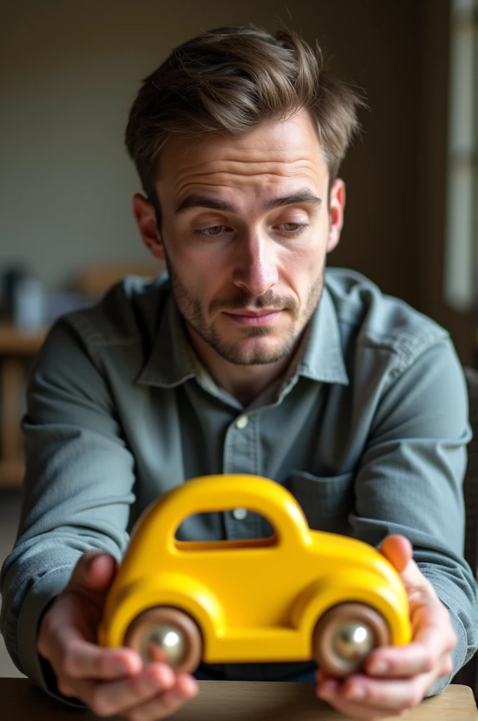 A 28 year old man with neat thin hair, take a photo with a yellow Brio car