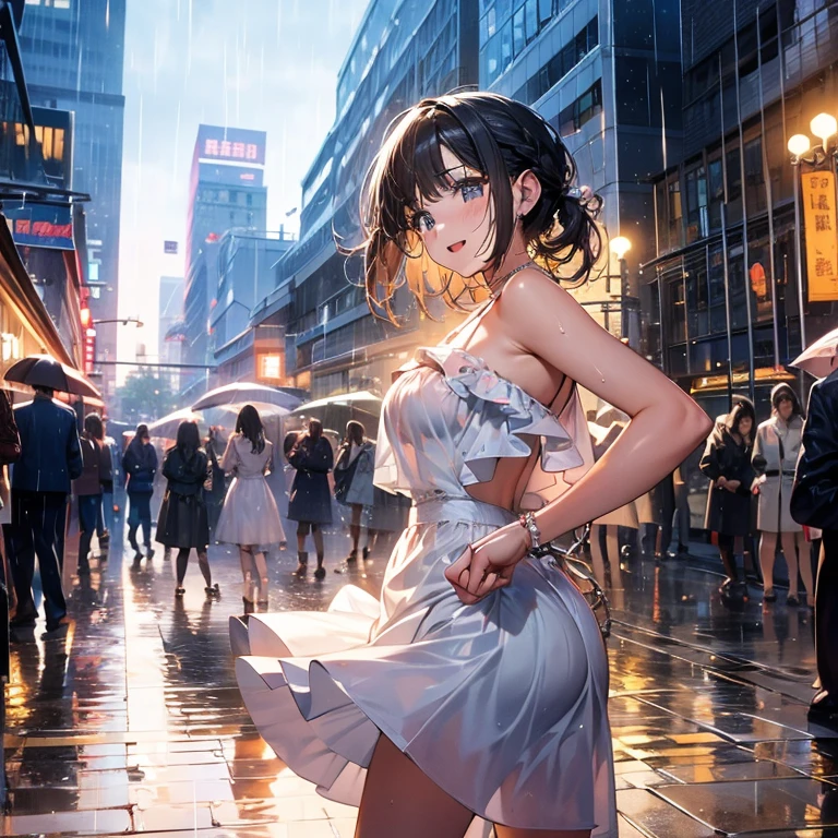 Anime full body Waifu beautiful detailed eyes, beautiful detailed lips, extremely detailed eyes and face, longeyelashes, 1girl, sensual, young woman, sexy medium / large breasts, beautiful feminine face, nice sexy thighs, slim, sexy, erotic, beautiful clothes, perfect body, perfect anatomy of female, cinematic lighting and framing, (best quality,4k,8k,highres,masterpiece:1.2),ultra-detailed,digital painting,portrait,glamorous,highly detailed,soft lighting,warm color tones ponytail,Arms behind head,panties under pantyhose,sweat:1.5,wet:1.5,face focus.Detailed eyes,High image quality,Highest Quality,Photorealistic,Fullbody,Business bag,Japanese woman,wearing a suit, sitting,High heel