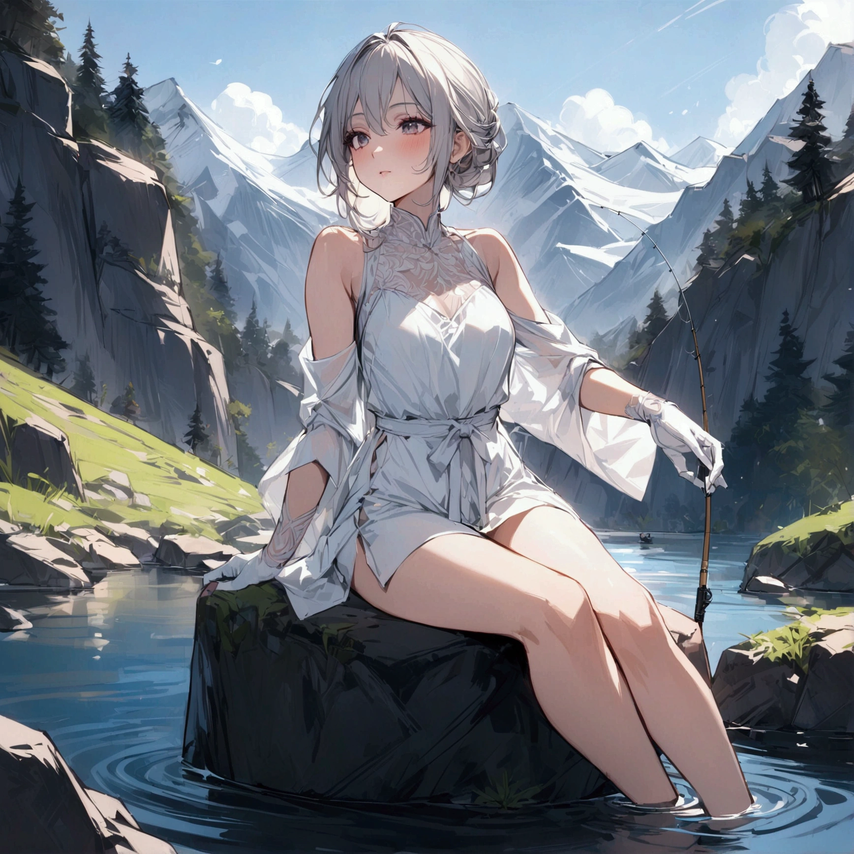 wide angle,{{masterpiece}}, {{{Highest quality}}},{{Very detailed}},Woman sitting on a rock and fishing,A young Chinese-looking female hermit fishing deep in the mountains,White attire, miniskirt,WHITE glove,carefree expression