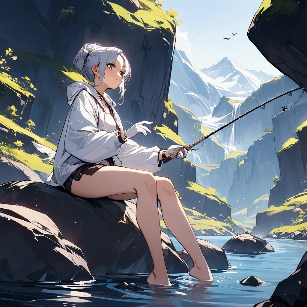 wide angle,{{masterpiece}}, {{{Highest quality}}},{{Very detailed}},Woman sitting on a rock and fishing,A young Chinese-looking female hermit fishing deep in the mountains,White attire, miniskirt,WHITE glove,carefree expression