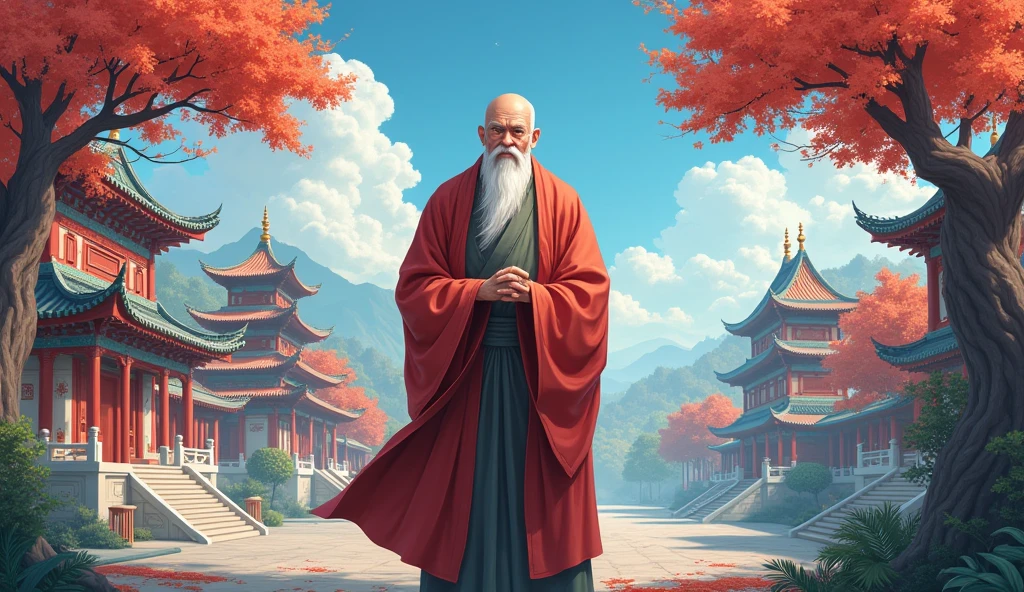 Chinese Old monk sensei, standing, surrounded by temples, beautiful trees, in anime style,