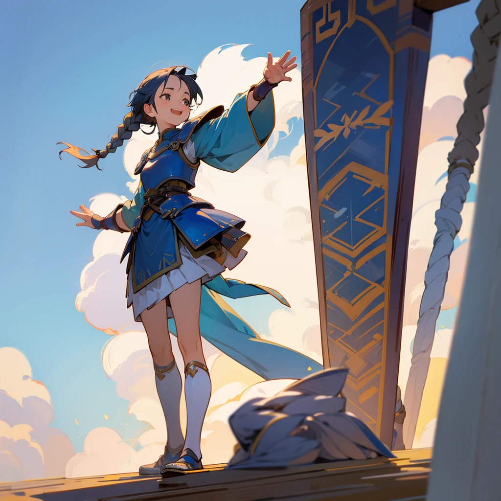 A gentle woman、Are standing、whole body、laughing、Braid、armor、shoes、front、Waving