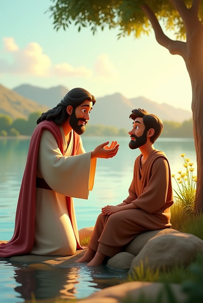 In cinemetic 3D cartoon style 
"A calm lakeside scene with a crowd gathered around Yeshua Masih (Jesus Christ) and a blind man. Yeshua, in traditional robes, is applying mud to the blind man’s eyes. The blind man, in simple attire, sits with a hopeful look. In the background, the tranquil lake, distant hills, and gentle sunlight create a serene atmosphere. A small pond nearby is visible where the man will wash his eyes, adding to the anticipation of the miracle"