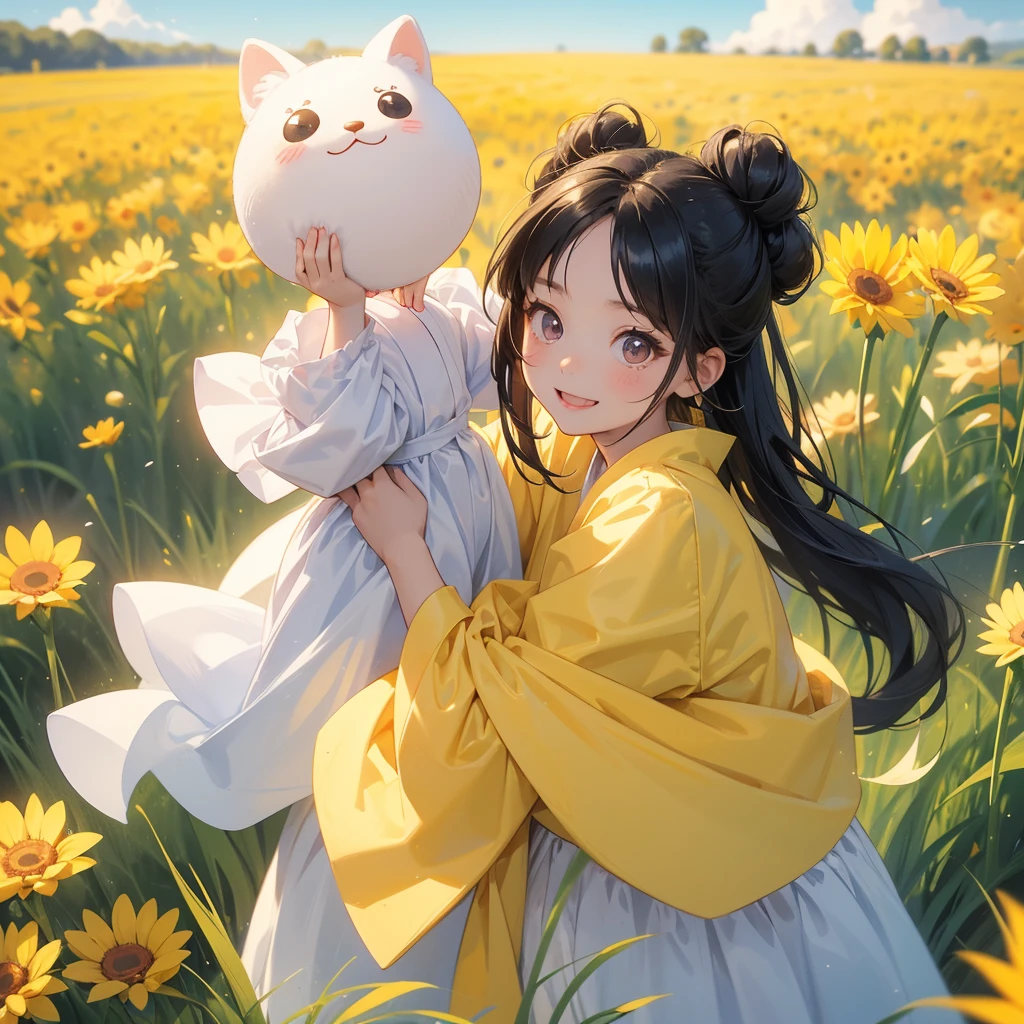 A chibi child girl had a small face and wearing a white little tourist priest’s outfit, a pair of big round eyes shone with curiosity about him. This child was so cute, her hair is black with buns on her hair. Small chibi , chibi baby, smiling , chibi.
Standing in the midst of a field of bright yellow gold fields, There are some floating clouds.