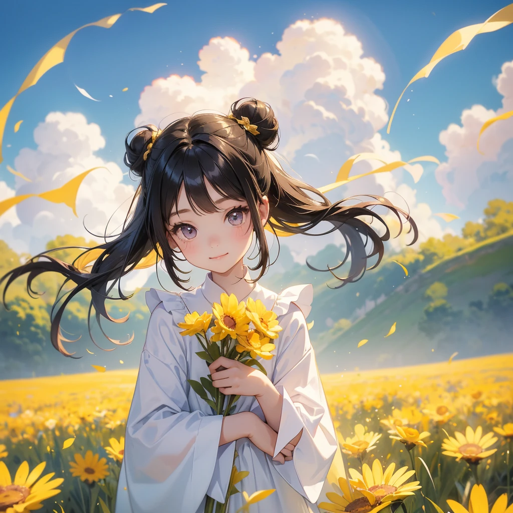 A chibi child girl had a small face and wearing a white little tourist priest’s outfit, a pair of big round eyes shone with curiosity about him. This child was so cute, her hair is black with buns on her hair. Small chibi , chibi baby, smiling , chibi.
Standing in the midst of a field of bright yellow gold fields, There are some floating clouds.
