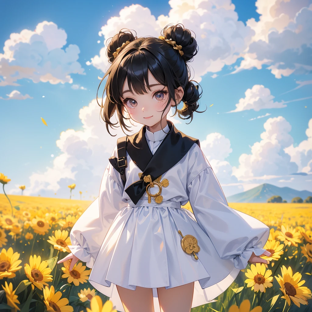 A chibi child girl had a small face and wearing a white little tourist priest’s outfit, a pair of big round eyes shone with curiosity about him. This child was so cute, her hair is black with buns on her hair. Small chibi , chibi baby, smiling , chibi.
Standing in the midst of a field of bright yellow gold fields, There are some floating clouds.