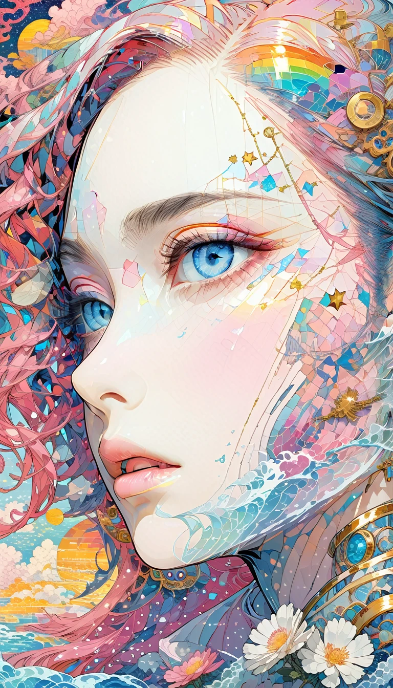 (Japanese girl:1.3), beautiful detailed eyes, beautiful detailed lips, extremely detailed eyes and face, long eyelashes, upper body, from side, looking at viewer, (fractal art:1.3), (rainbow color hair, colorful hair, half blue and half pink hair:1.2), water, liquid, cloud, colorful, starry, stars, (best quality, 4k, 8k, highres, masterpiece:1.2), ultra-detailed, (realistic, photorealistic, photo-realistic:1.37), vibrant colors, studio lighting, extremely detailed description, professional, concept art, surreal, 1920s french vibe, monochromatic gold and pink palette, in the style of french illustrator moebius, gold elements, (Chinese illustration:1.3,Paper Art:1.3, キルティングPaper Art:1.2),( Streamlined Design, Clear lines, High sharpness,Better Quality, Very detailed, Master Parts, Film Light Effect, 4K ) Illustration design, porcelain doll skin, beautiful detailed eyes, beautiful detailed lips, extremely detailed gold eyes and face, long eyelashes, upper body, from side, looking at viewer, (fractal art:1.3), (pink hair:1.2), water, liquid, cloud, colorful, starry, stars, (best quality, 4k, 8k, highres, masterpiece:1.2), ultra-detailed, (realistic, photorealistic, photo-realistic:1.37), vibrant colors, studio lighting, extremely detailed description, professional, concept art, surreal, 1920s french vibe, monochromatic gold and pink palette, in the style of french illustrator moebius, gold elements,