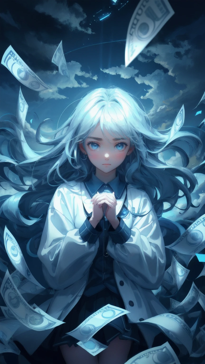 A beautiful, cute girl with an anxious expression, surrounded by floating bitcoins and bills of money, all swirling around her in a stormy blue atmosphere. The background is a deep blue sky with dark clouds, and the phrase 'Weak Hands Shakeout' is subtly formed in the cloud patterns, capturing the feeling of being overwhelmed by financial pressures.