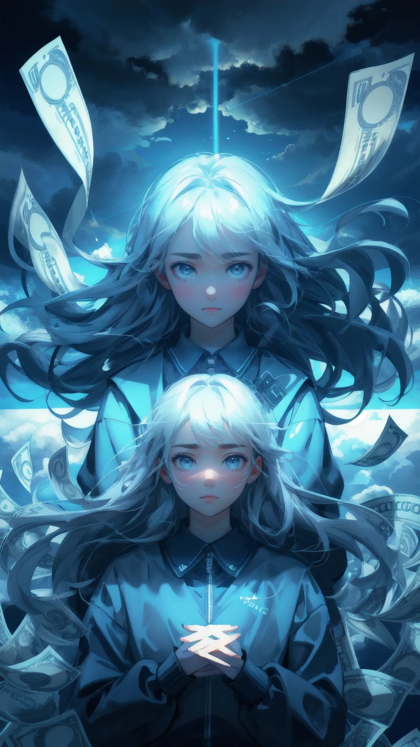 A beautiful, cute girl with an anxious expression, surrounded by floating bitcoins and bills of money, all swirling around her in a stormy blue atmosphere. The background is a deep blue sky with dark clouds, and the phrase 'Weak Hands Shakeout' is subtly formed in the cloud patterns, capturing the feeling of being overwhelmed by financial pressures.