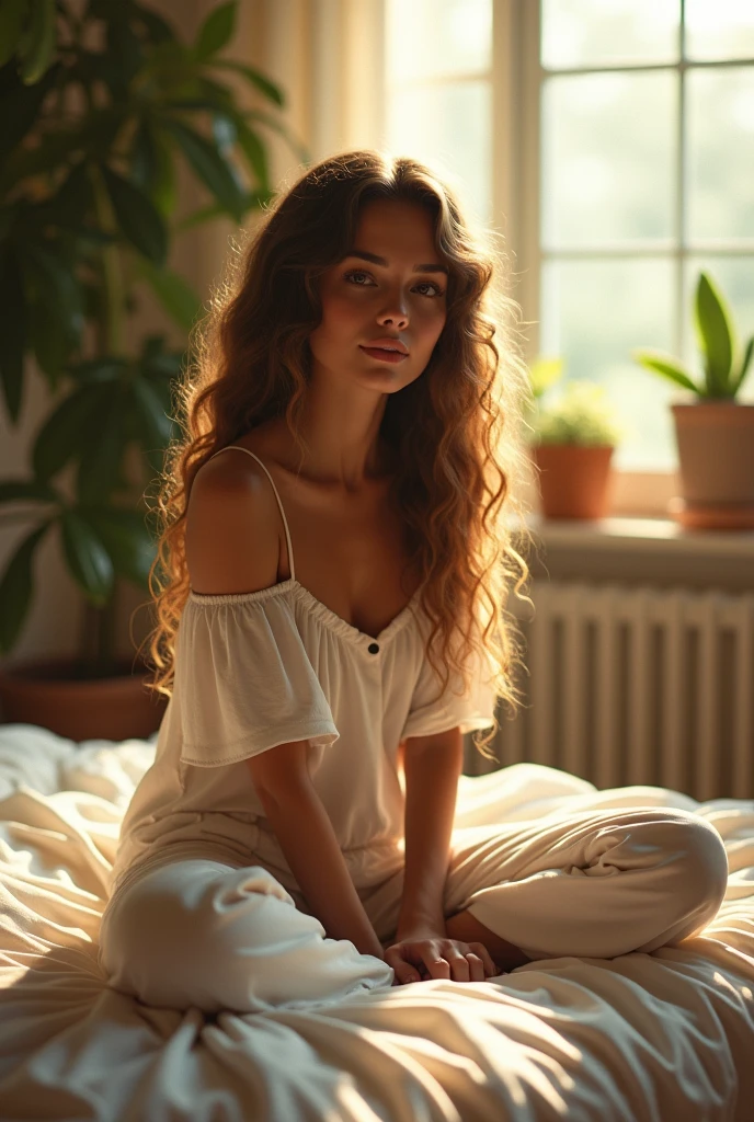 (photorealism:1.2), beautiful woman, sitting on bed, wearing loose off-shoulder top, pajama pants, long curly hair, indoors, soft lighting, plants in background, window with sunlight, cozy room, relaxed pose, realistic, intricate details, warm colors, by Greg Rutkowski, by Alphonse Mucha