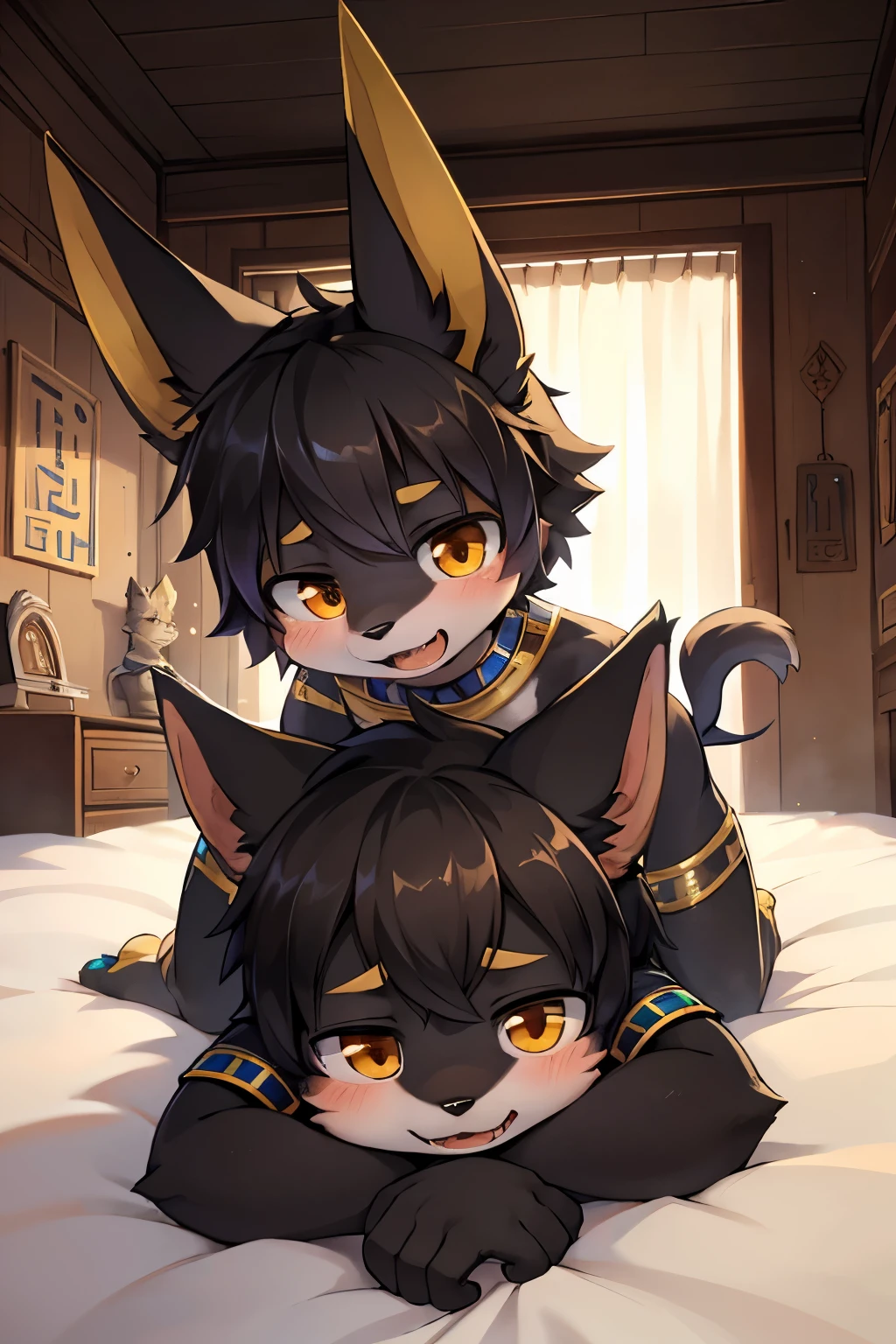  (epic, dynamic angle)top quality, best quality, High-quality , (Kemoshota) ( boy, furry anthro), kemoshota, anubis boy,  dog boy, black fur, short statue, innocent, naivety, looking at viewer, Egypt adorns, dynamic angle, from birds point of view, short height, young boy, open mouth, friendly monster anubis boy, affected, relaxed, lovely boy, bed room, very young furry boy, 6years old kemoshota boy, adorable, kawaii, naked