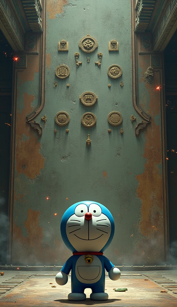 Doraemon has no eyes .standing in front of a wall in the temple, hand touching ancient symbols arrows flying out 
