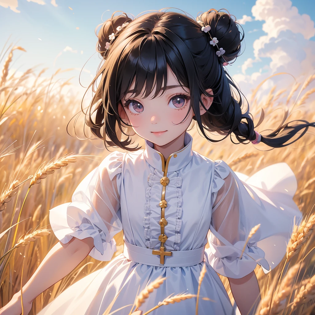 A chibi child girl had a small face and wearing a white little tourist priest’s outfit, a pair of big round eyes shone with curiosity about him. This child was so cute, her hair is black with buns on her hair. Small chibi , chibi baby, smiling , chibi.
Standing in the middle of a wheat field, There are some floating clouds.