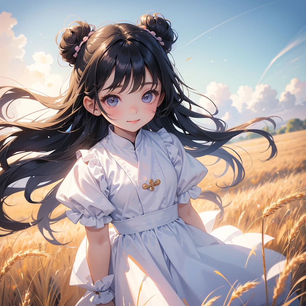 A chibi child girl had a small face and wearing a white little tourist priest’s outfit, a pair of big round eyes shone with curiosity about him. This child was so cute, her hair is black with buns on her hair. Small chibi , chibi baby, smiling , chibi.
Standing in the middle of a wheat field, There are some floating clouds.