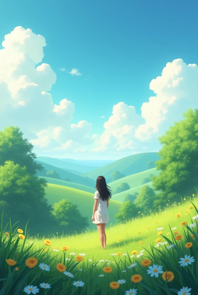 Illustrate a serene peaceful nature scene in summer. This scene inspires peace, awe, and tranquility. Vivid beautiful colors.photorealistic 8k Bright clouds and 1 girl 19:16