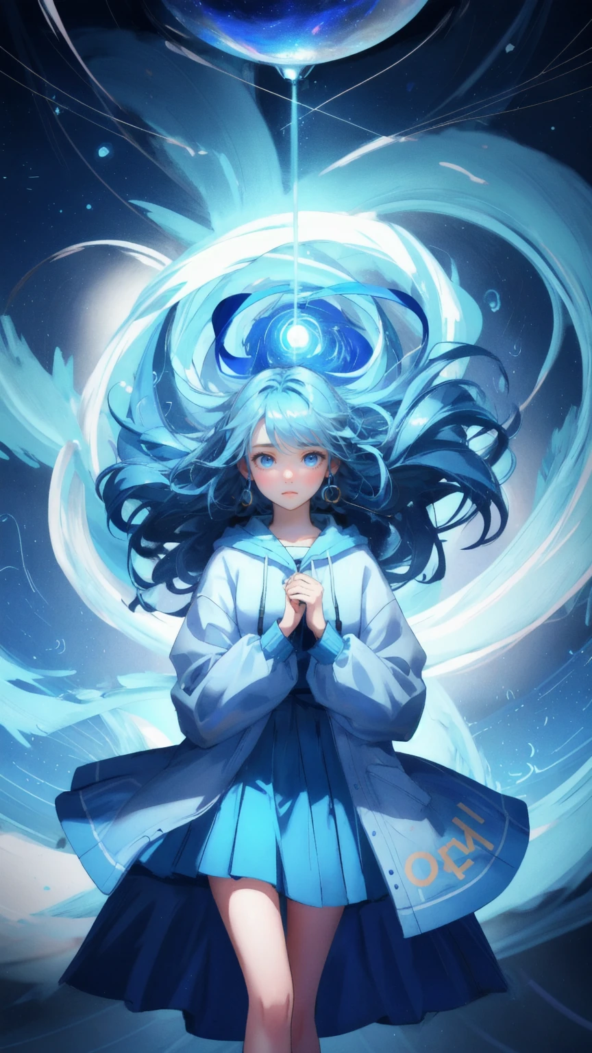 A beautiful, cute girl with a distressed look, standing in the center as bitcoins and money whirl around her in a chaotic blue storm. The background is a swirling vortex of blue hues, with the words 'Weak Hands Shakeout' faintly appearing in the whirlwind, symbolizing the emotional stress of trying to hold onto her investments."