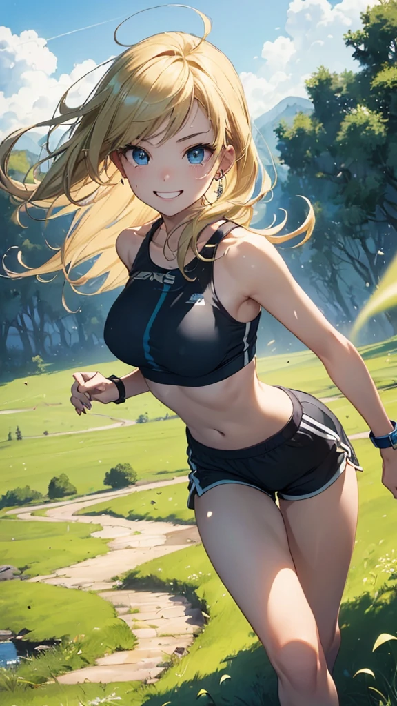 最high quality、Best image quality、masterpiece、woman((18-year-old、Sportswear、Black sports bra、Blue shorts、Best Bust、Bust 85、Blonde、Long Hair、blue eyes、Open your chest wide、valley、happiness、Black wristband on wrist、Slender、smile、耳Nipple Ring、running、The wind is blowing、sweating、Hunchback)）high quality、Visual Arts、background((grassland、Grass path))、Tabletop、