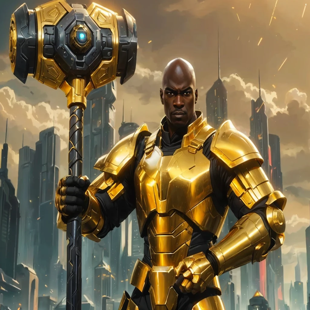 Black, African-American, A tall, buff dark-skinned general, he is wearing heavy futuristic gold and black armor, futuristic city background, middle-aged, bald, wielding a massive war hammer, by artist "anime", Anime Key Visual, Pixiv, Zerochan, Anime art, Fantia Masterpiece, Best Quality, flat, Anime, cinematic lighting, by Studio Trigger, golden armor holding a hammer in a city, heavy gold obsidian armor, gold obsidian armor, trending on artstation