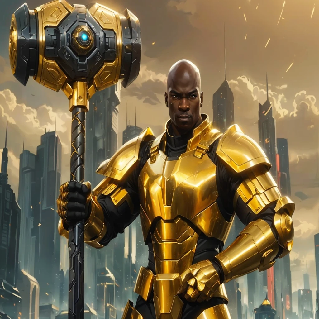 Black, African-American, A tall, buff dark-skinned general, he is wearing heavy futuristic gold and black armor, futuristic city background, middle-aged, bald, wielding a massive war hammer, by artist "anime", Anime Key Visual, Pixiv, Zerochan, Anime art, Fantia Masterpiece, Best Quality, flat, Anime, cinematic lighting, by Studio Trigger, golden armor holding a hammer in a city, heavy gold obsidian armor, gold obsidian armor, trending on artstation