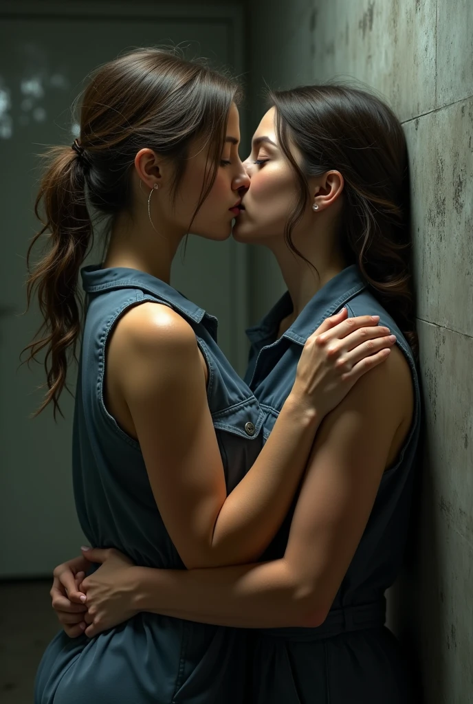 two 19 yo lesbian girls are kissing in prison. They wear inmate jumpsuits