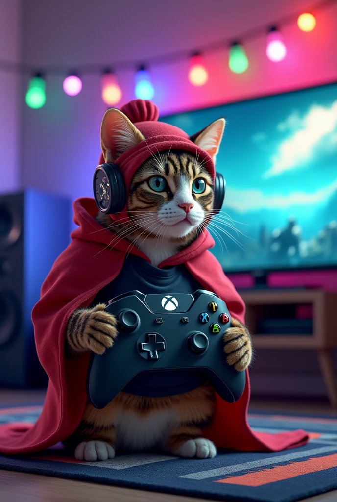 Kitty is wearing a specially made gaming themed t-shirt and hat set，Sitting cross-legged on the game rug in the middle of the living room；In front of it is a large screen TV and a giant Xbox controller remote control device；A string of colorful LED lights hangs above the head to create a strong gaming atmosphere.。The tabby cat is wearing a specially made Monkey King mask，Wearing a red robe，Standing on all fours in front of the game console，Concentrate on operating the game controller。The screen shows《Black myth Goku》The picture。