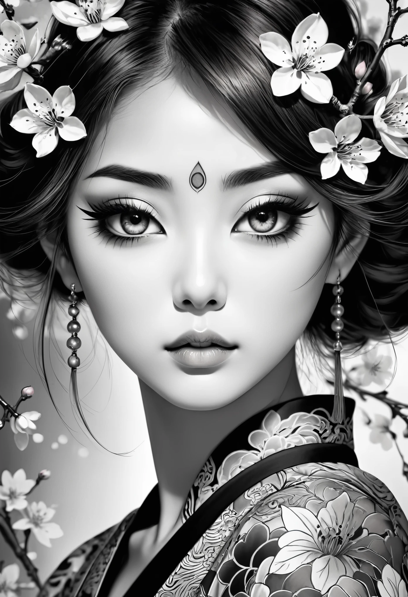 (best qualityer,4K,8k,high resolution,work of art:1.2),ultra detali,black andwhite,Ink Ink,Japanese tattoo,beautiful detailed eyes,beautiful detailed lips,extremely detailed eye and face,long eyelashes,fine line work,delicate shading,artistic composition,traditional style,feminine beauty,dynamic pose,elaborate standards,floaty cherry blossoms,Meaningful symbolism,graceful motion,subtle color details,Contrast and depth,soft lighting,impressive visual impact,vivid emotions,serene atmosphere,powerful expression,true-to-life portrayal,Sophisticated aesthetics,unique combination of tradition and modernity,authentic cultural representation