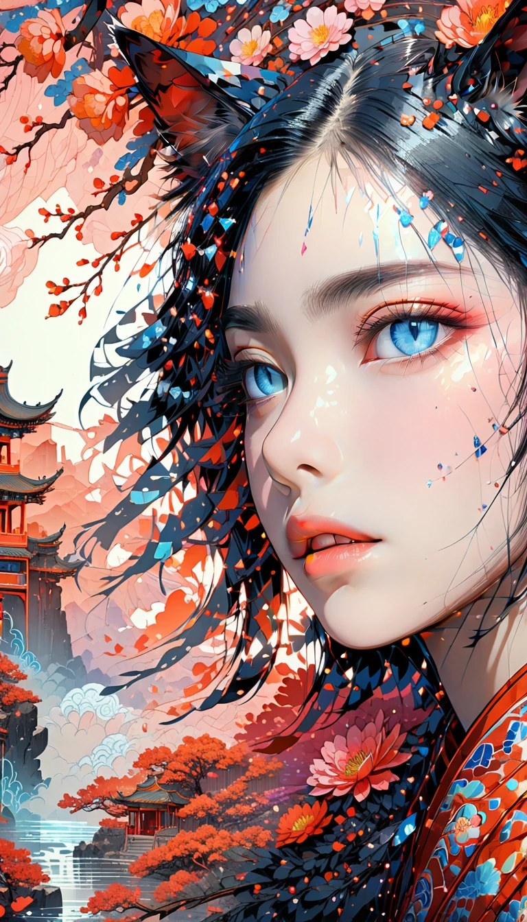 cat ears, China dress, magical world, red mesh on black hair, beautiful detailed eyes, beautiful detailed lips, extremely detailed eyes and face, long eyelashes, soft lighting, fantasy landscape, glowing magic crystals, ethereal atmosphere, intricate details, vibrant colors, (best quality,4k,8k,highres,masterpiece:1.2),ultra-detailed,(realistic,photorealistic,photo-realistic:1.37), surrealism, crushed blacks,
