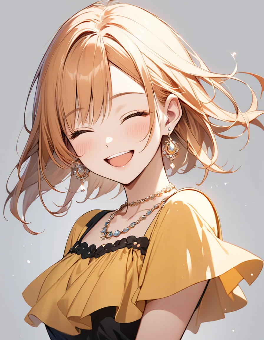 best quality, beautiful, hair tie, 8K, very happy face, close eyes, smile open mouth, head tilt look view, slim, dress, earrings, necklace, concept, plain backgrond