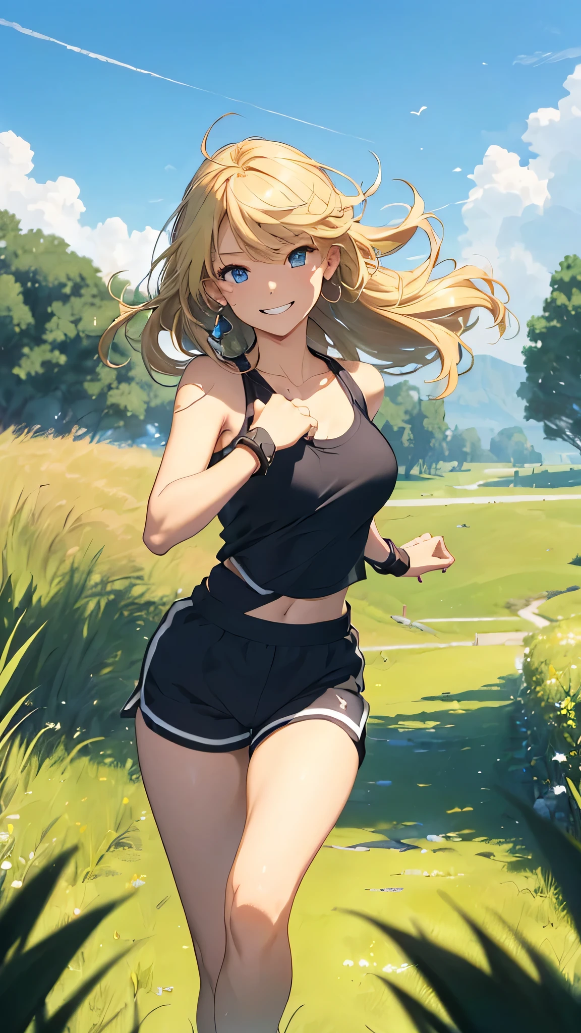最high quality、Best image quality、masterpiece、woman((18-year-old、Sportswear、Black sports bra、Blue shorts、Best Bust、Bust 85、Blonde、Long Hair、blue eyes、Open your chest wide、valley、happiness、Black wristband on wrist、Slender、smile、耳Nipple Ring、running、The wind is blowing、sweating、Hunchback))high quality、Visual Arts、background((grassland、Grass path))、Tabletop、