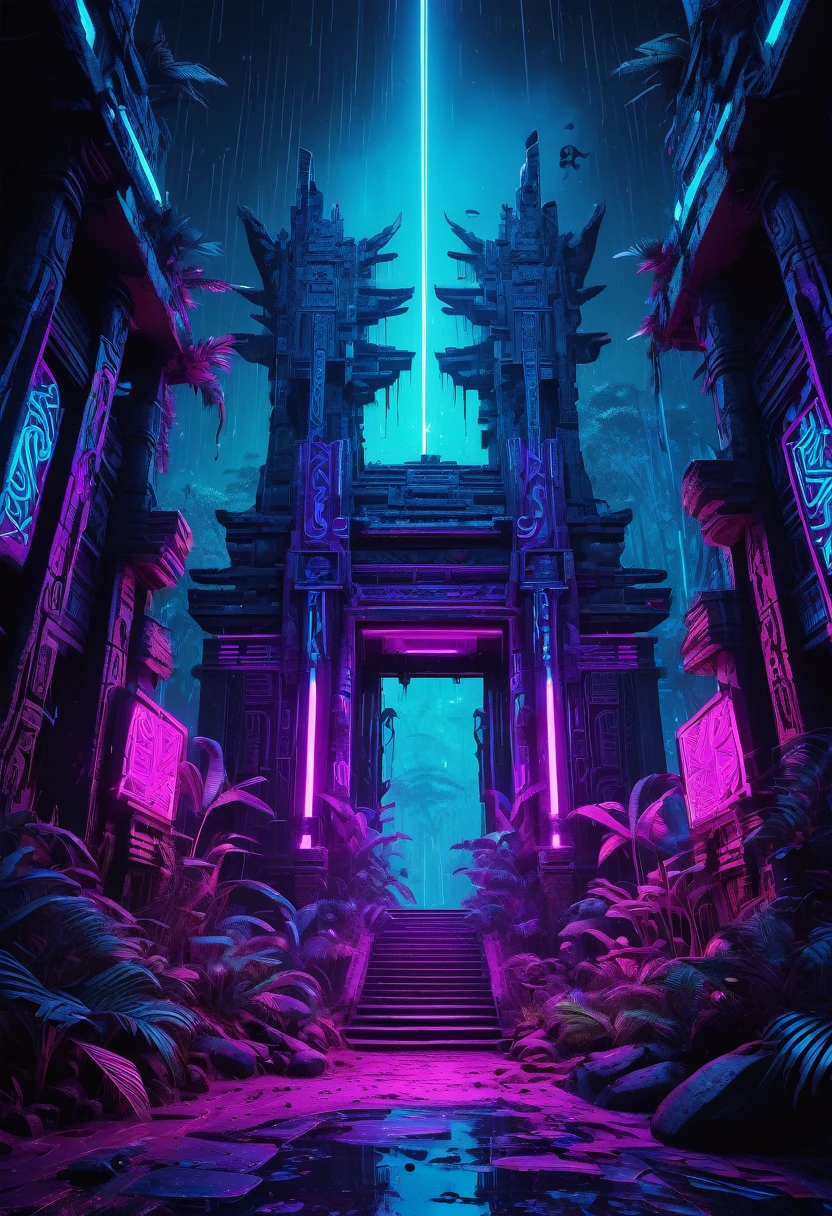 T-shirt design, a 3D digital model of a futuristic  tribal rain forest with tribals and shamans  ruins of broken ancient temples and skulptors cryptic tribal symbols glowing in  neon lights, in the style of a cyberpunk aesthetic, neon blues, purples, and pinks contrasting against the darker architectural structures,  takes up the lower two-thirds of the frame with the night sky filling the rest, black background --ar 3:4 --v 5.2
