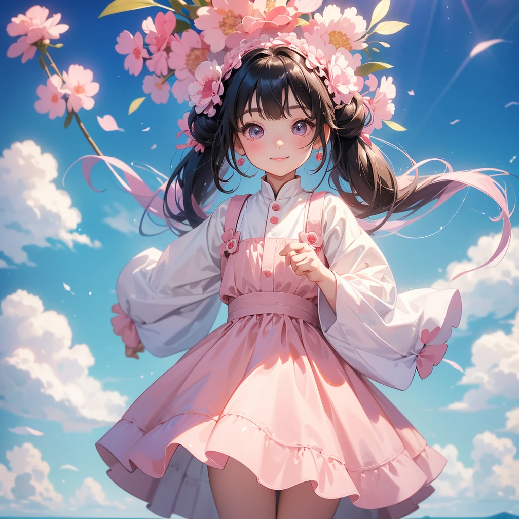 A chibi child girl had a small face and wearing a white little tourist priest’s outfit, a pair of big round eyes shone with curiosity about him. This child was so cute, her hair is black with buns on her hair. Small chibi , chibi baby, smiling , chibi.
Standing in the middle of pink carnations, There are some floating clouds.