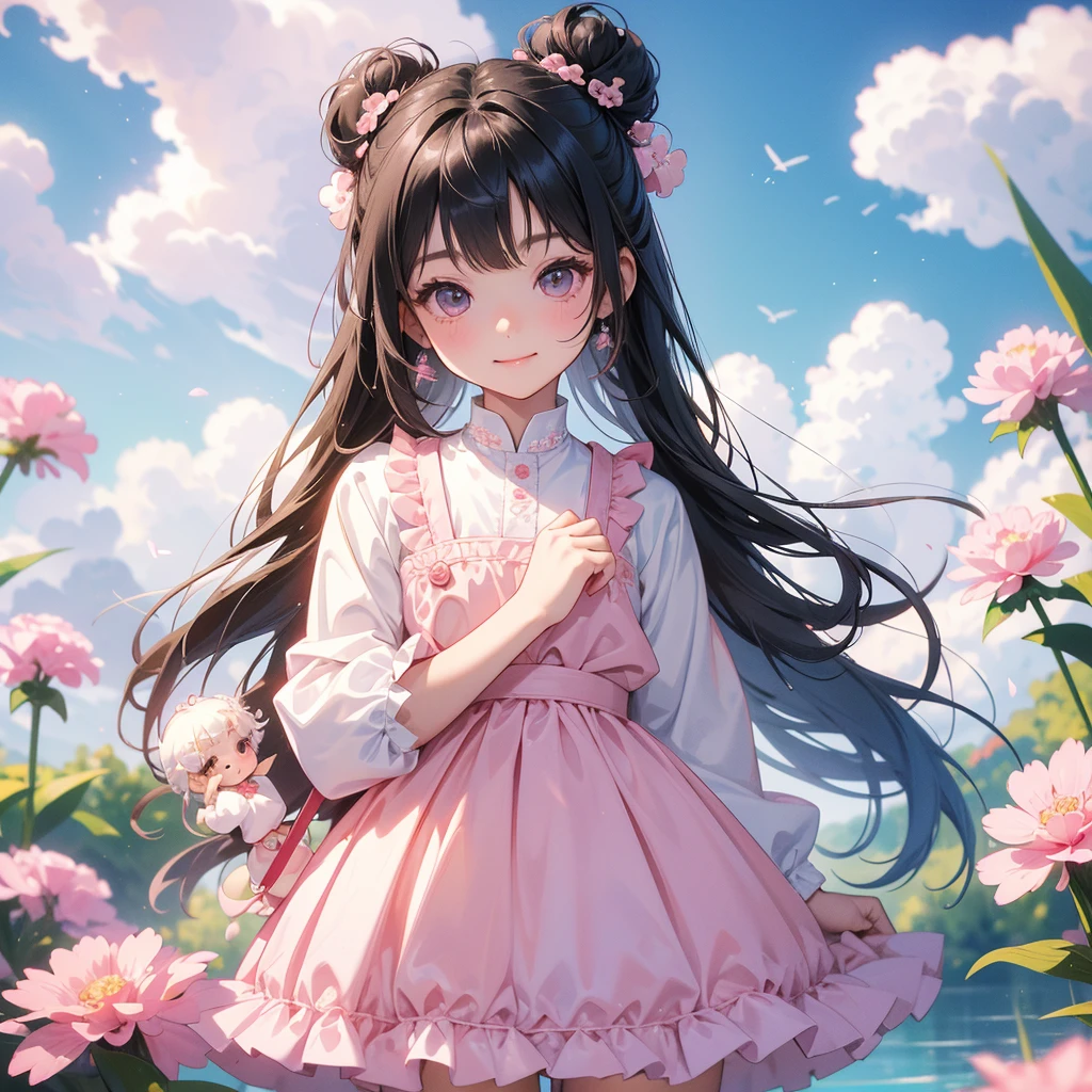 A chibi child girl had a small face and wearing a white little tourist priest’s outfit, a pair of big round eyes shone with curiosity about him. This child was so cute, her hair is black with buns on her hair. Small chibi , chibi baby, smiling , chibi.
Standing in the middle of pink carnations, There are some floating clouds.