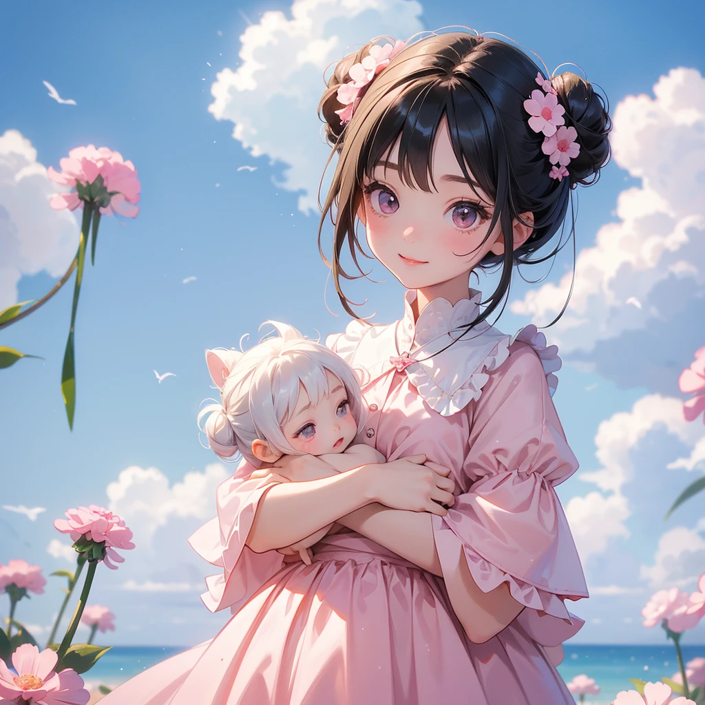 A chibi child girl had a small face and wearing a white little tourist priest’s outfit, a pair of big round eyes shone with curiosity about him. This child was so cute, her hair is black with buns on her hair. Small chibi , chibi baby, smiling , chibi.
Standing in the middle of pink carnations, There are some floating clouds.