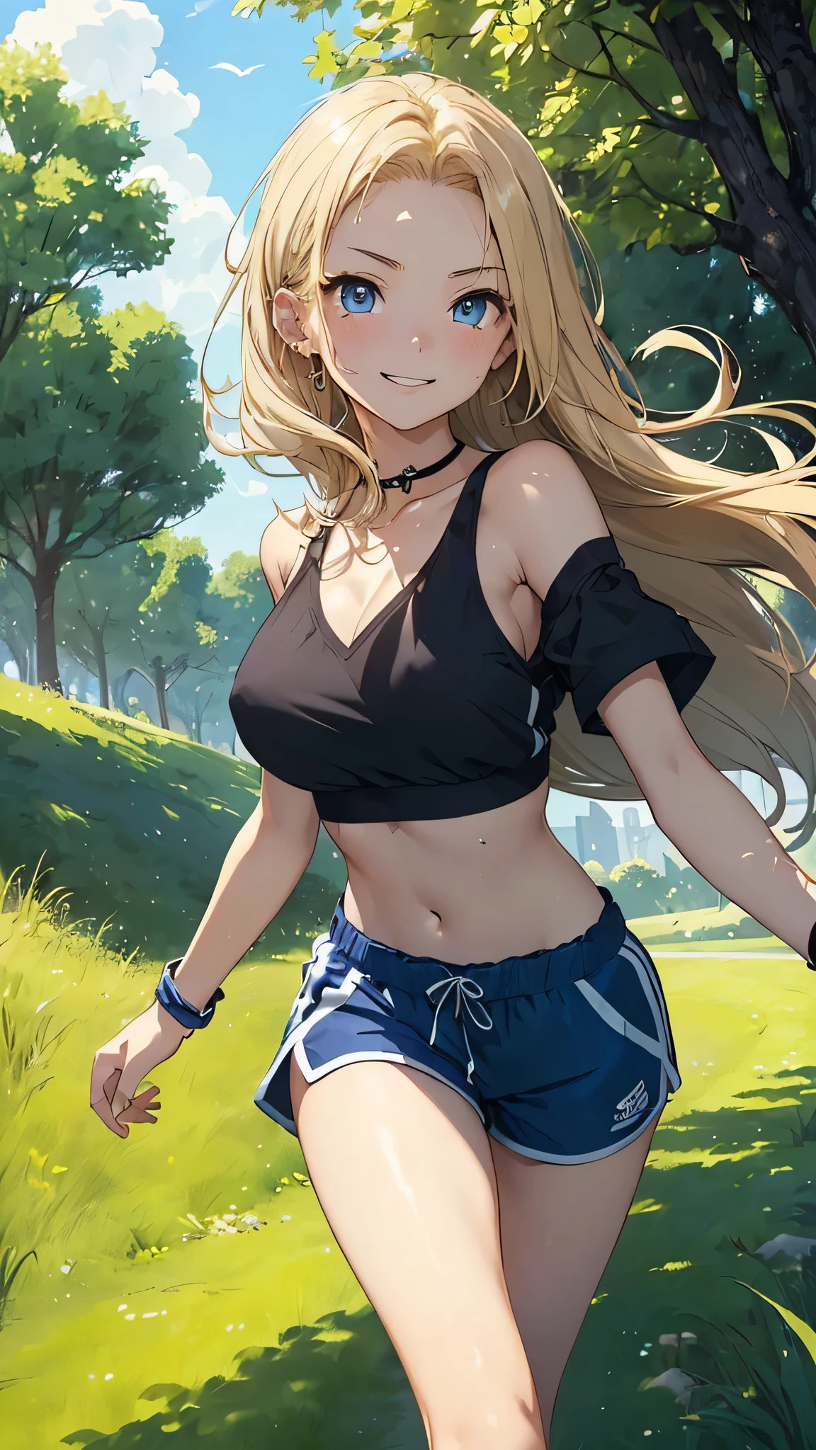 最high quality、Best image quality、masterpiece、woman((18-year-old、Sportswear、Black sports bra、Blue shorts、Best Bust、Bust 85、Blonde、Long Hair、blue eyes、Open your chest wide、valley、happiness、Black wristband on wrist、Slender、smile、耳Nipple Ring、running、The wind is blowing、sweating、Hunchback)）high quality、Visual Arts、background((grassland、Grass path))、Tabletop、