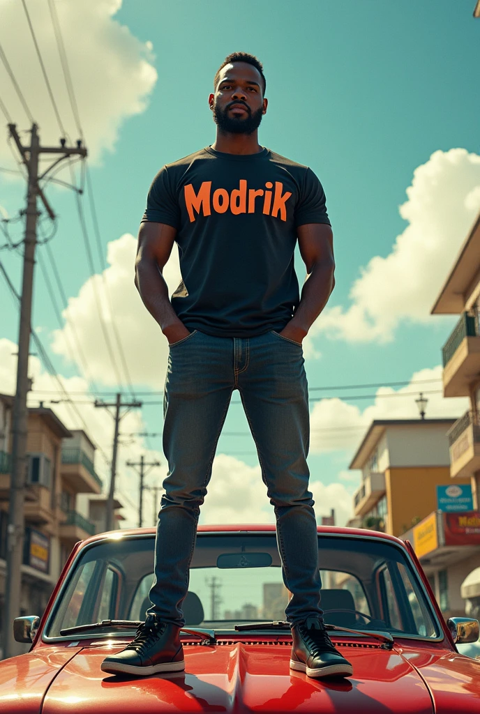 Create an image that shows the African man who is wearing a t-shirt writing a modrik on front who stand on car