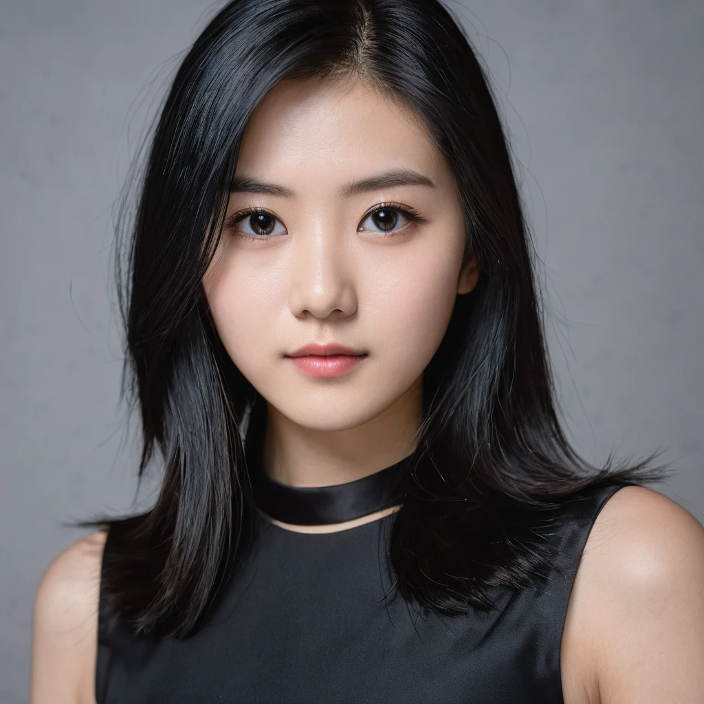 Yui, photo of age 20 year female, black shoulder length hair; (dslr, ultra quality, film grain, Fujifilm XT3, crystal clear, 8K UHD, highly detailed glossy eyes, high detailed skin, skin pores); wear tight black dress