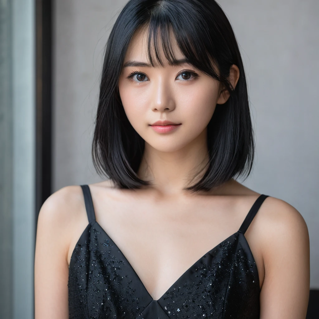 Yui, photo of age 20 year female, black shoulder length hair; (dslr, ultra quality, film grain, Fujifilm XT3, crystal clear, 8K UHD, highly detailed glossy eyes, high detailed skin, skin pores); wear tight black dress