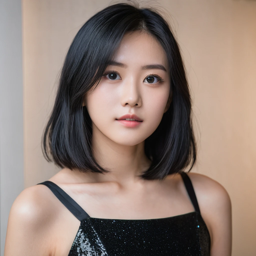 Yui, photo of age 20 year female, black shoulder length hair; (dslr, ultra quality, film grain, Fujifilm XT3, crystal clear, 8K UHD, highly detailed glossy eyes, high detailed skin, skin pores); wear tight black dress