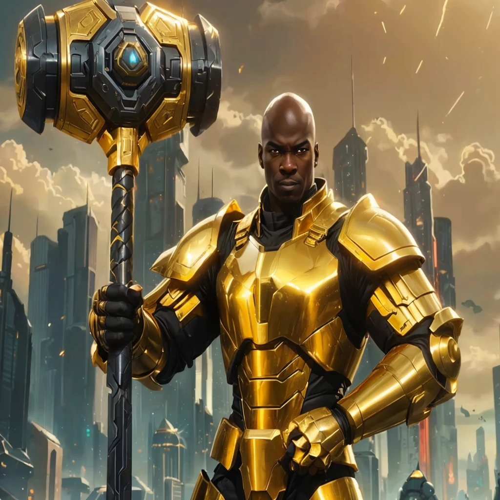 Black, African-American, A tall, buff dark-skinned general, he is wearing heavy futuristic gold and black armor, futuristic city background, middle-aged, bald, wielding a massive war hammer, by artist "anime", Anime Key Visual, Pixiv, Zerochan, Anime art, Fantia Masterpiece, Best Quality, flat, Anime, cinematic lighting, by Studio Trigger, golden armor holding a hammer in a city, heavy gold obsidian armor, gold obsidian armor, trending on artstation, perfect anatomy, perfect hands