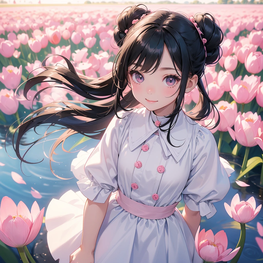 A chibi child girl had a small face and wearing a white little tourist priest’s outfit, a pair of big round eyes shone with curiosity about him. This child was so cute, her hair is black with buns on her hair. Small chibi , chibi baby, smiling , chibi. 

Standing in the middle of pink tulip field, There are some floating clouds.