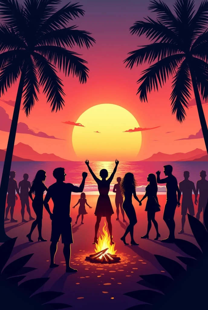 Beach party with dancing people as silhouette, there is a dj and a campfire, the whole thing takes place on the beach, in the background you can see water and a sunset, There are trees on the sides but no palm trees. Leave space for writing in the lower third of the image