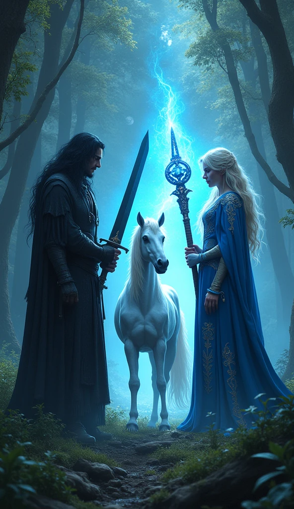 In the sacred forest, Vortex stands tall, his long black hair cascading beneath his dark coat, his obsidian sword gripped firmly. Beside him, Mirage, a powerful male sorcerer, exudes a commanding presence. His platinum blonde hair shimmers under the moonlight, and his flowing blue robe is adorned with intricate silver patterns that reflect his mastery over ancient magic. In his hand, he wields an ancient staff, its intricate carvings glowing with a pulsating blue light, casting an ethereal glow around him. The radiant unicorn stands majestically between them, its pure, ethereal light serving as a beacon amidst the shadows. The three figures, each embodying a unique force—Vortex’s darkness, Mirage’s mystic power, and the unicorn’s light—stand united, ready to confront the looming darkness that threatens the village, their combined powers symbolizing the delicate balance between light, shadow, and magic.