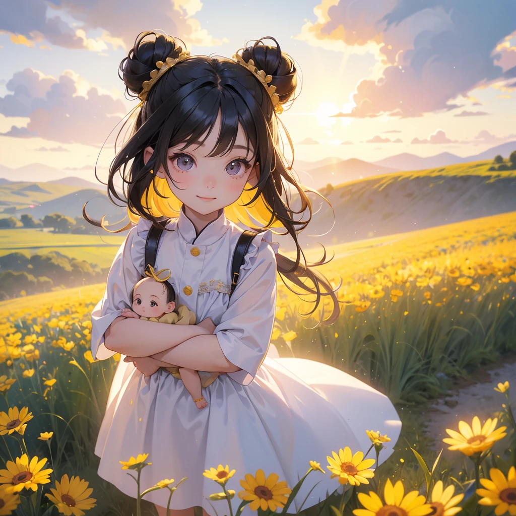 A chibi child girl had a small face and wearing a little tourist priest’s outfit, a pair of big round eyes shone with curiosity about him. This child was so cute, her hair is black with buns on her hair. Small chibi , chibi baby, smiling , chibi.
Standing in the midst of a field of bright yellow gold fields, There are some floating clouds.