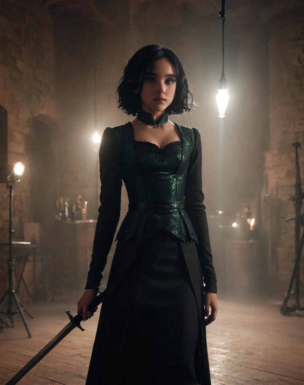  The daughter of Severus Snape, (((11years old))), green eyes , (masterpiece:1.2), Best Quality, (illustration:1.2), (ultra detailed), hyper details, (delicate detailed), (intricate details), (cinematic light, Best Quality Backlights), Delete line, soloist, perfect body, (1 girl), Aa witch girl with black hair black dress a sword with a dragon, (make up), high contrast, (better lighting, an extremely created and beautiful), (cinematic light), showy,

