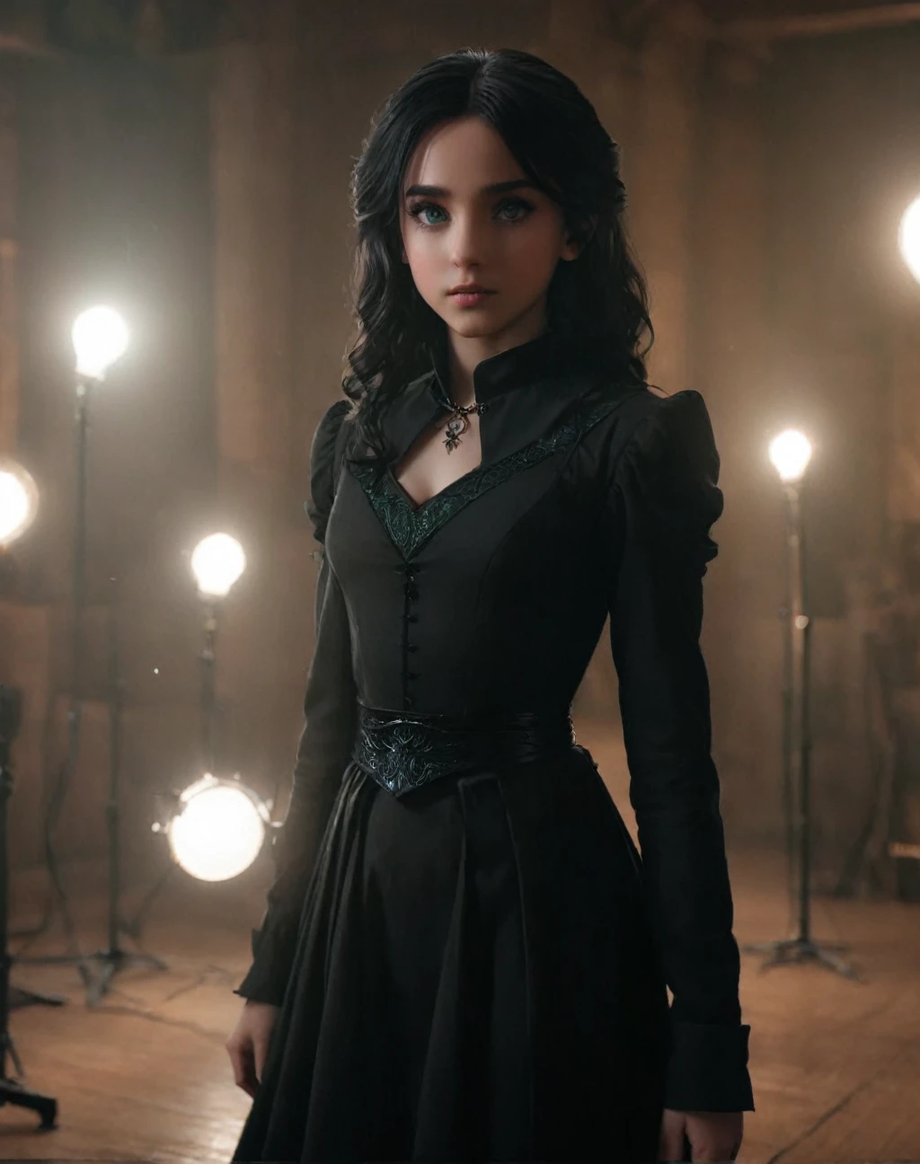 The daughter of Severus Snape, (((11years old))), green eyes , (masterpiece:1.2), Best Quality, (illustration:1.2), (ultra detailed), hyper details, (delicate detailed), (intricate details), (cinematic light, Best Quality Backlights), Delete line, soloist, perfect body, (1 girl), Aa witch girl with black hair black dress a sword with a dragon, (make up), high contrast, (better lighting, an extremely created and beautiful), (cinematic light), showy,