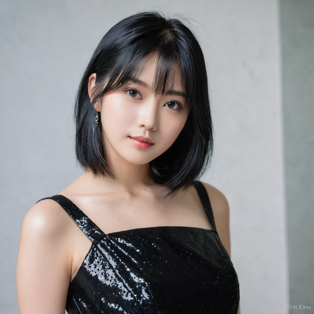 Yui, photo of age 20 year female, black shoulder length hair; (dslr, ultra quality, film grain, Fujifilm XT3, crystal clear, 8K UHD, highly detailed glossy eyes, high detailed skin, skin pores); wear black sexy dress
